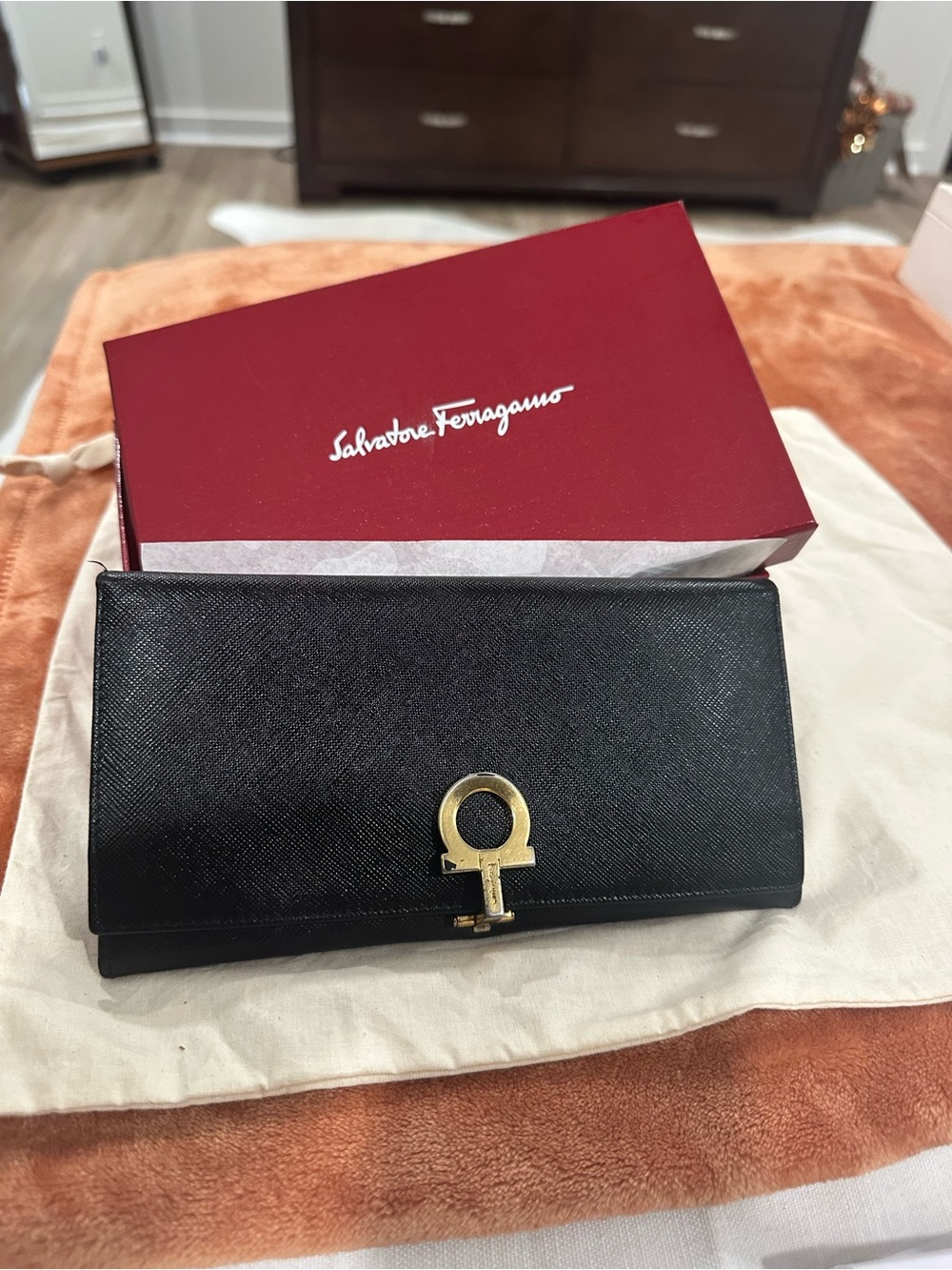 Salvatore Ferragamo Black Leather Wallet with Gold Gancini Hardware